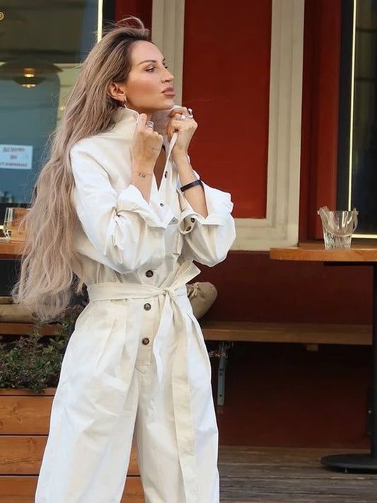 Loose White Cotton Women's Jumpsuit