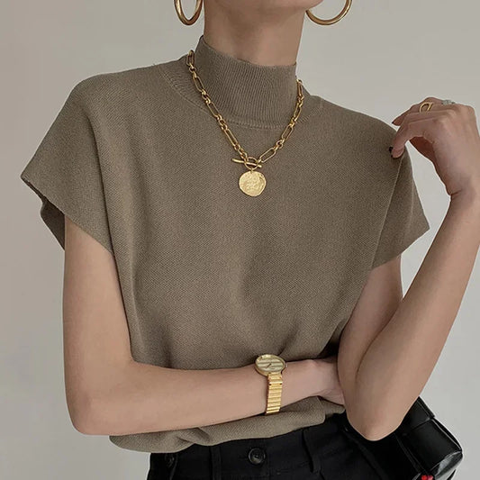 Solid Stand-up Collar Knitted Blouse