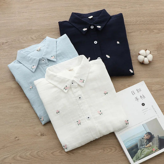 Cotton Yarn Ladies Long Sleeve Shirt  Embroidered